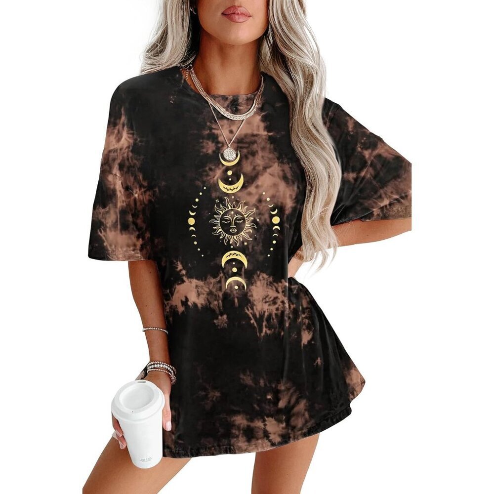 Women's Polyester Blend Oversized Graphic Tee Crew Neck Summer Casual Top